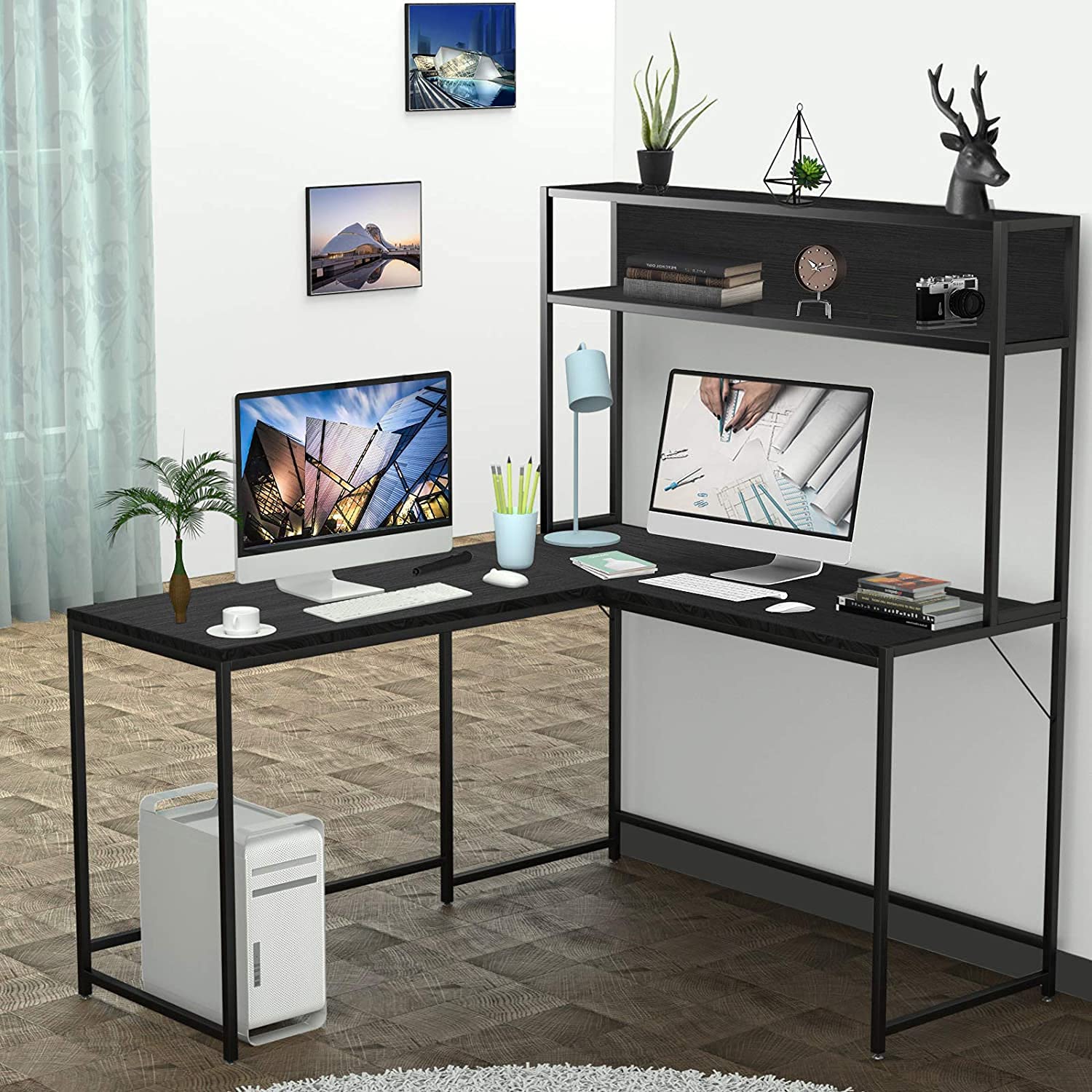 55 Inch Black L-Shape Corner W - огляд і ціна Desk Setup Dual Monitor